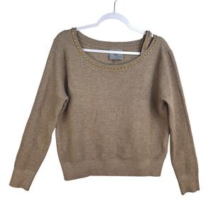 LIV Milano Womens Taupe Waffle Knit Sweater Gold Chain Neckline Cutout Size L